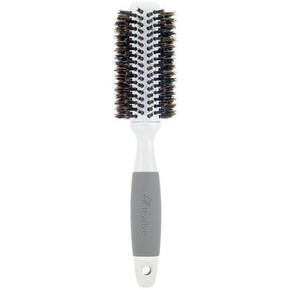 Ceramic barrel round boar bristle hair brush for thick hair by Pasteur Pharmacy, showing the round shape and natural bristles.