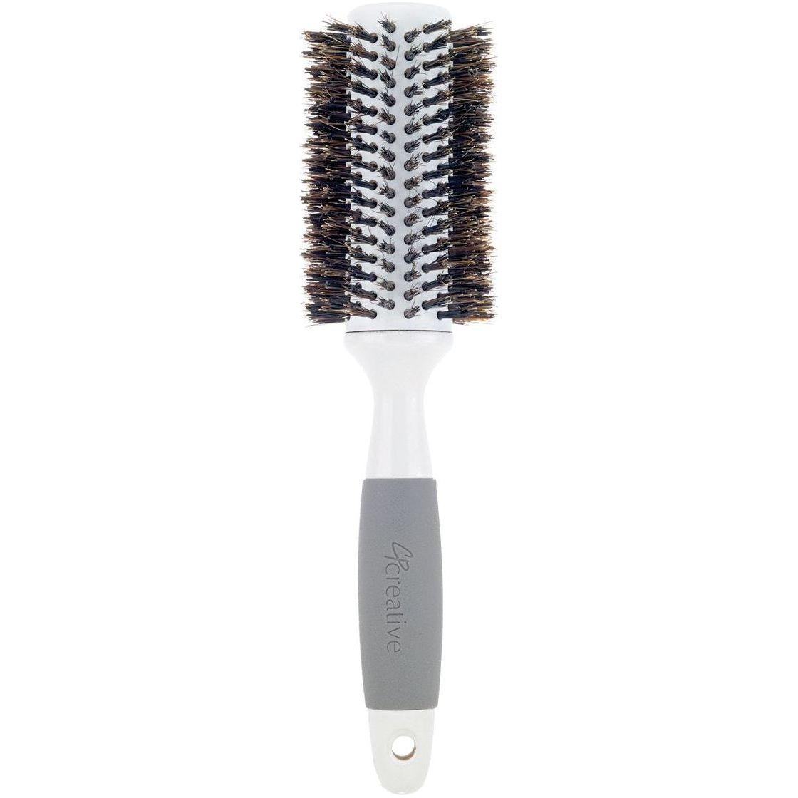 Ceramic barrel round hair brush with boar bristles for thick hair, designed for smooth styling and detangling.