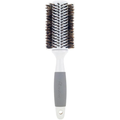 Ceramic barrel round hair brush with boar bristles for thick hair, designed for smooth styling and detangling.
