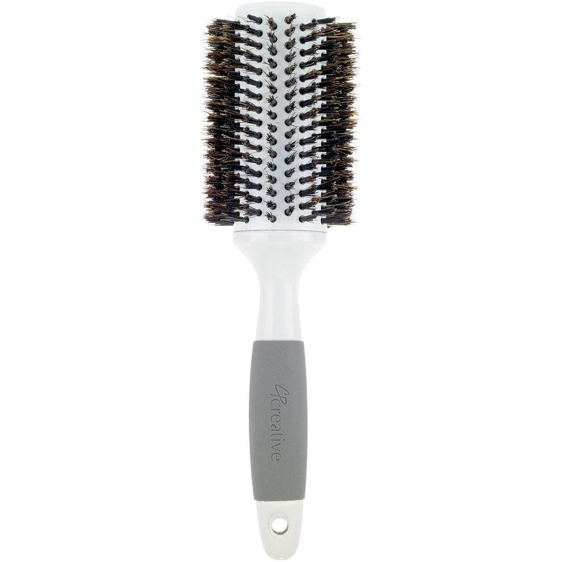 Ceramic barrel round boar bristle hair brush for thick hair by Pasteur Pharmacy, showcasing the brush's round shape and natural bristles