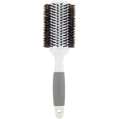 Ceramic barrel round boar bristle hair brush for thick hair by Pasteur Pharmacy, showcasing the brush's round shape and natural bristles