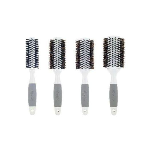 Ceramic barrel round boar bristle hair brush for thick hair by Pasteur Pharmacy, showing the brush with a round shape and bristles.