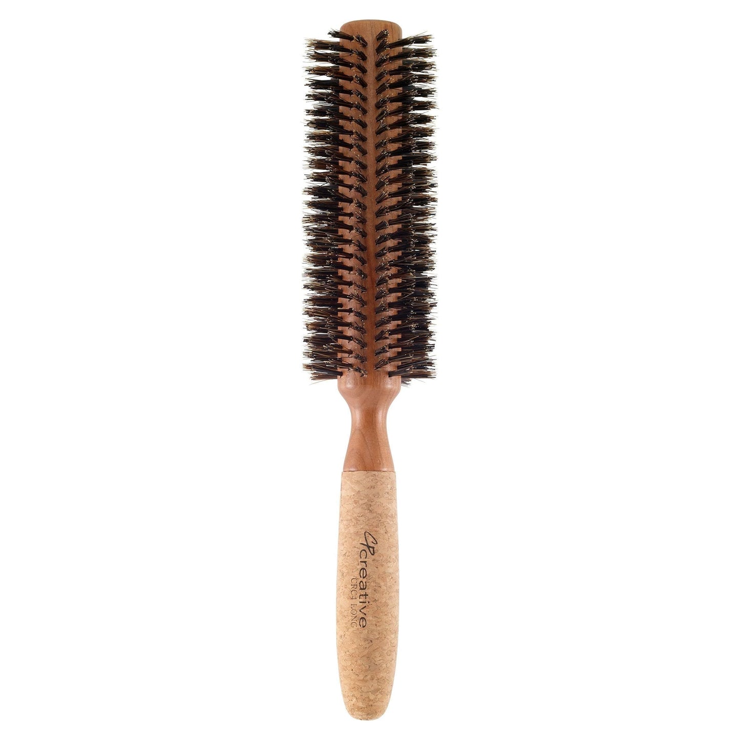 Eco-friendly extended 6-inch cork barrel round hair brush with boar bristles from Pasteur Pharmacy, designed for gentle styling.