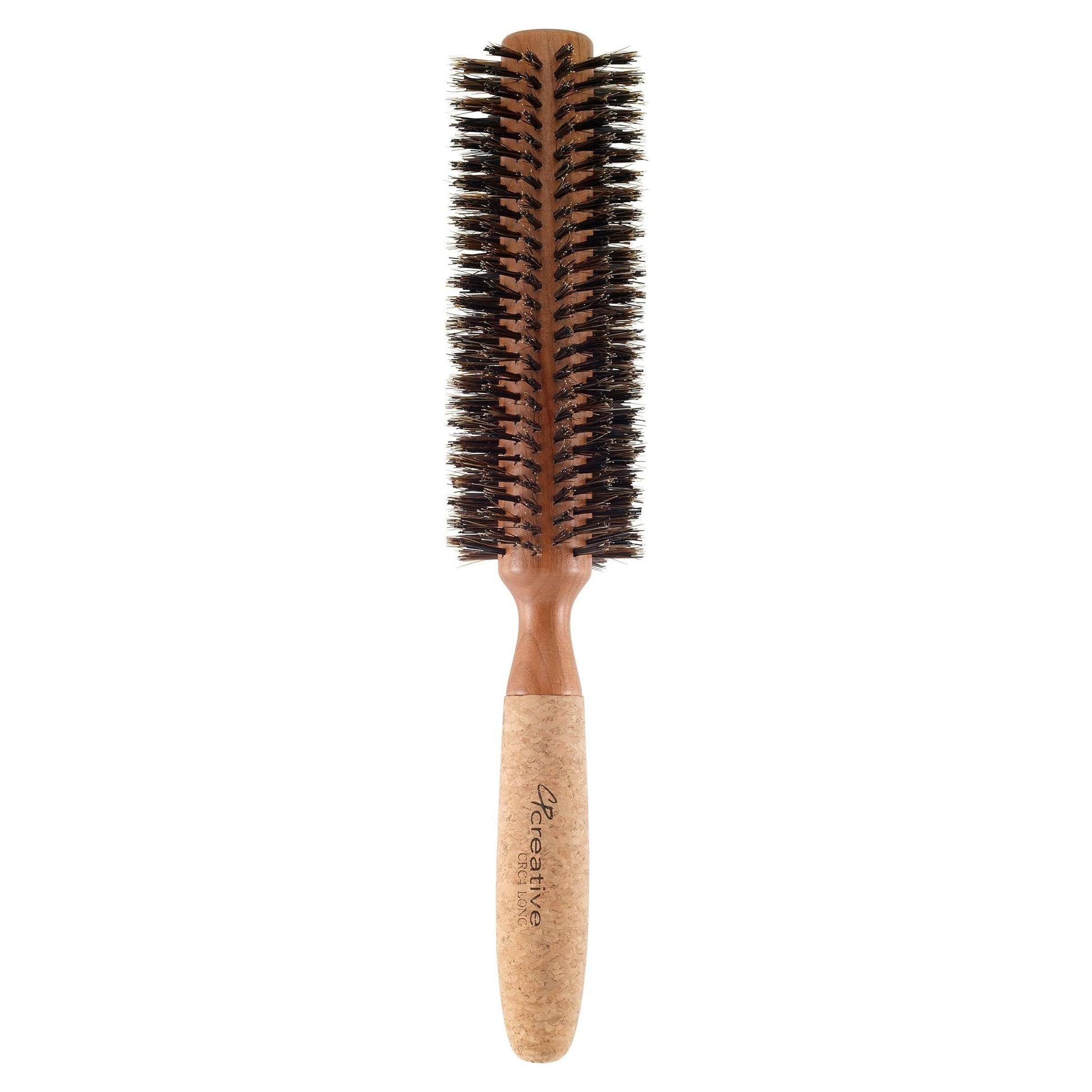 Eco-friendly extended 6-inch cork barrel round hair brush with boar bristles from Pasteur Pharmacy, designed for gentle styling.