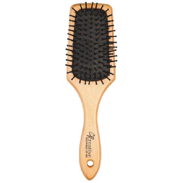 Eco-friendly wood paddle hair brush with nylon bristles from Pasteur Pharmacy, featuring natural birchwood for gentle styling.