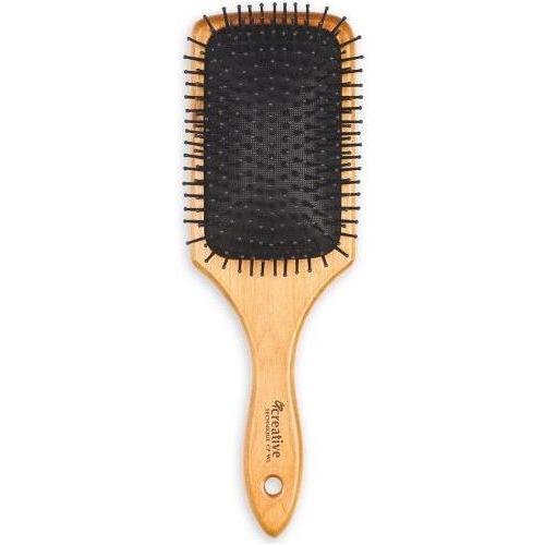 Eco-friendly wood paddle hair brush with nylon bristles from Pasteur Pharmacy, designed for gentle detangling and scalp comfort.