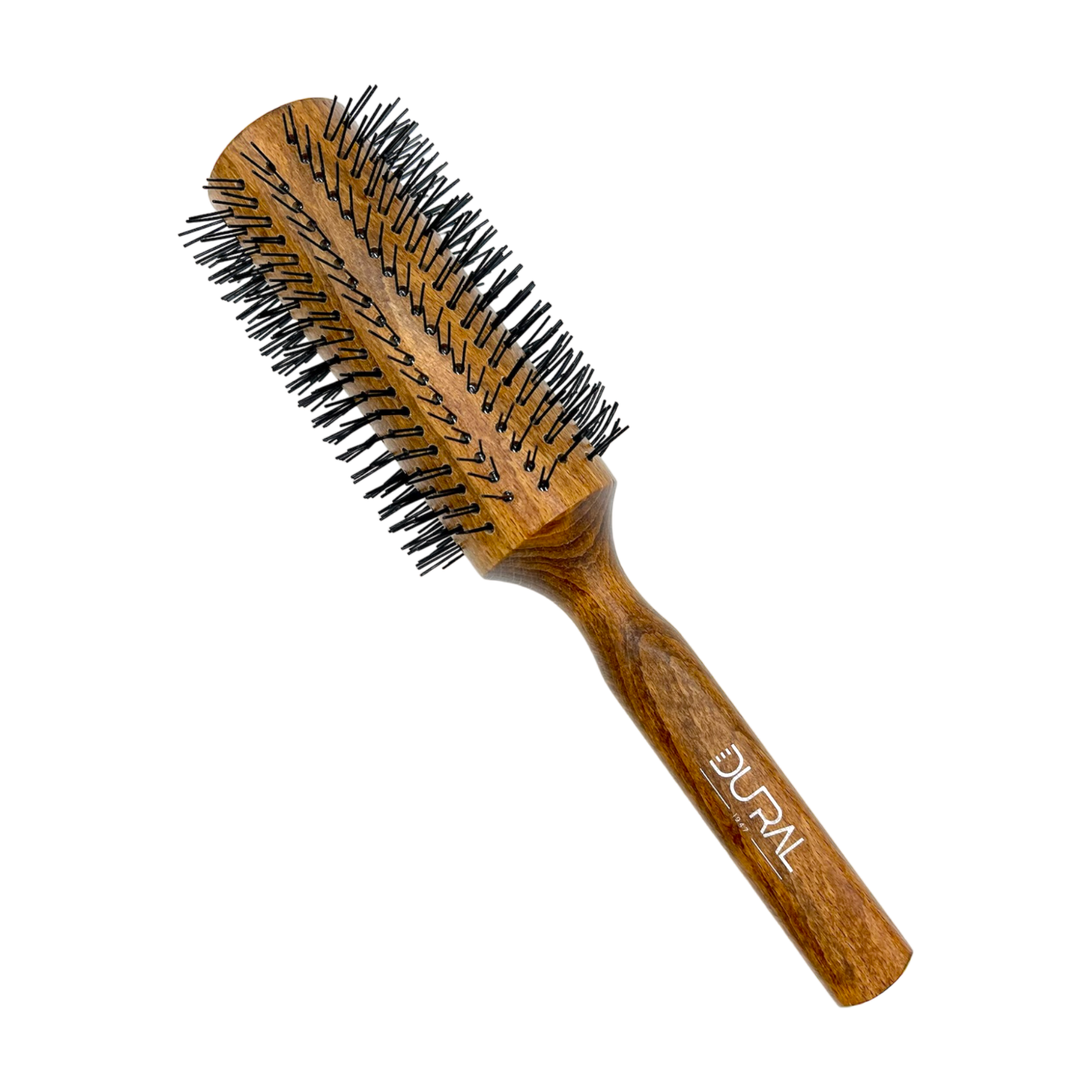 Dural Beech wood round-styler hair brush with nylon pins, 16 rows, by Pasteur Pharmacy, for styling and detangling hair.