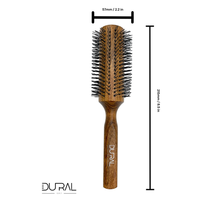 Dural Beech wood round-styler hair brush by Pasteur Pharmacy with nylon pins and 16 rows for styling and detangling hair.