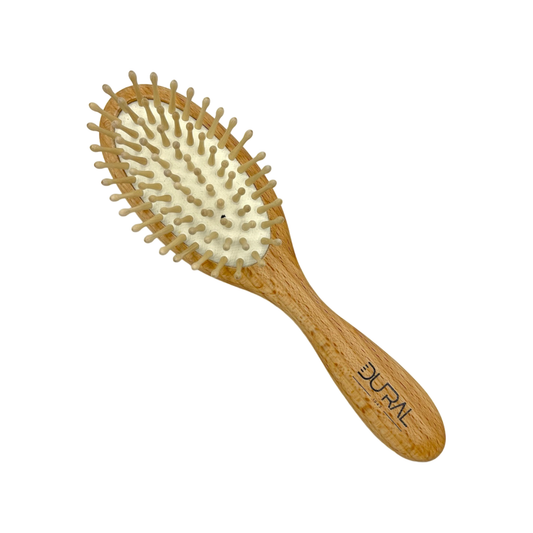 Dural Beech wood rubber cushion hair brush with wooden pins, ideal for gentle detangling and styling hair.