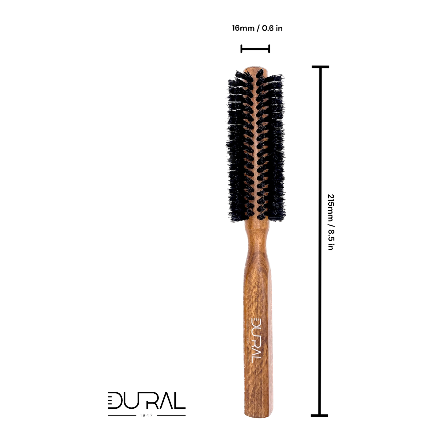 Dural Hair Brush with 12 rows, wooden handle, pure wild boar bristles, designed for gentle, effective hair styling.