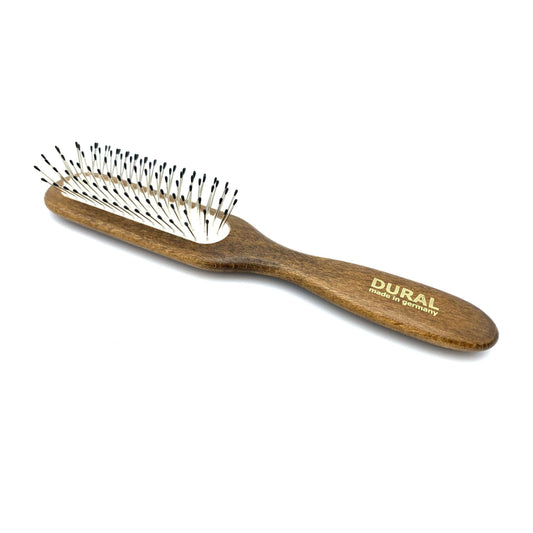 Dural Hair Brush by Pasteur Pharmacy with rubber cushion, steel pins with plastic tips, and beech wood handle for styling and care.