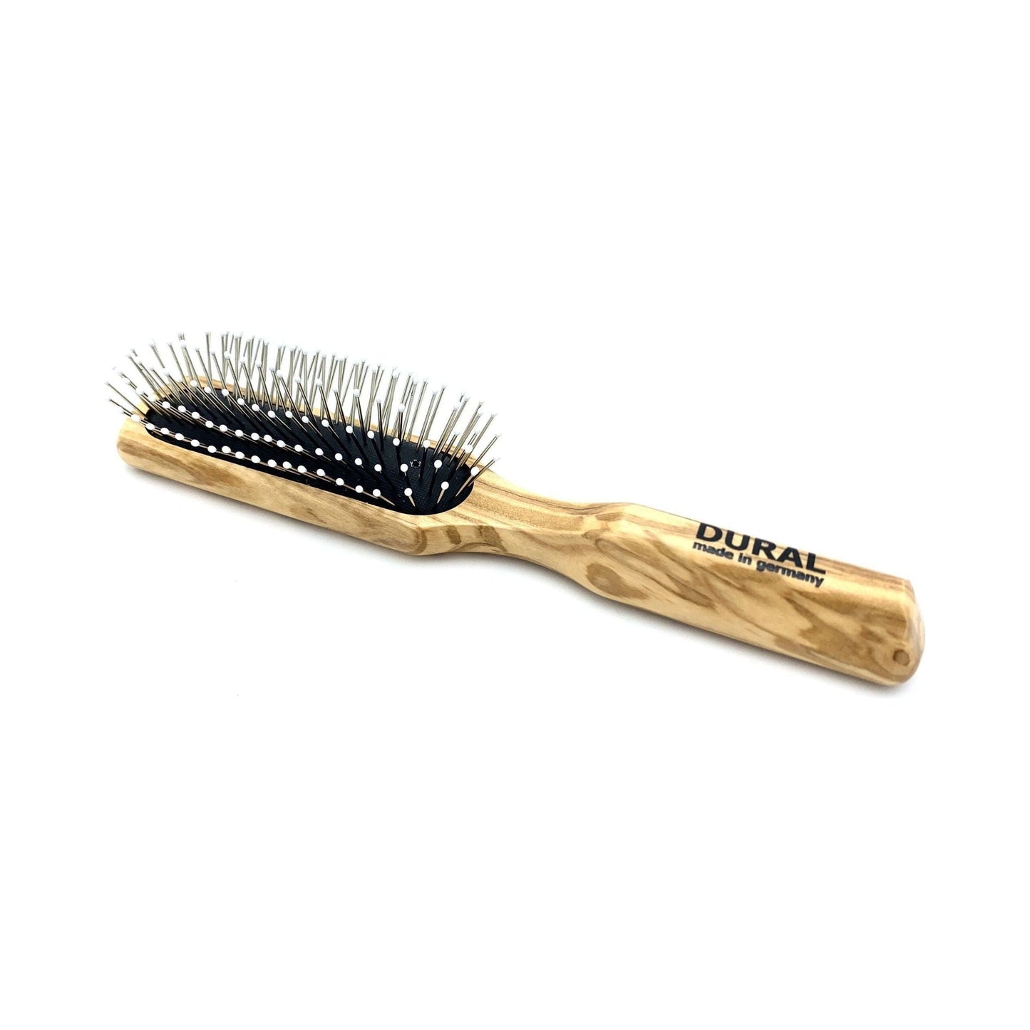 Dural hair brush by Pasteur Pharmacy with rubber cushion, steel pins with plastic tips, and olive wood handle for styling and care.
