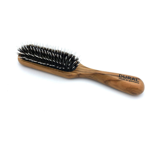 Dural Hair Brush by Pasteur Pharmacy with olive wood handle, wild boar bristles, rubber cushion, and styling pins for hair care and styling.
