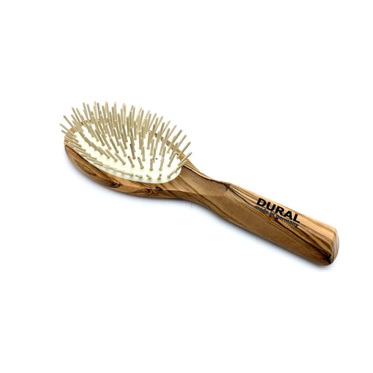 Dural Hair Brush by Pasteur Pharmacy with rubber cushion and wooden pins, featuring Olive Wood handle for styling and hair care.