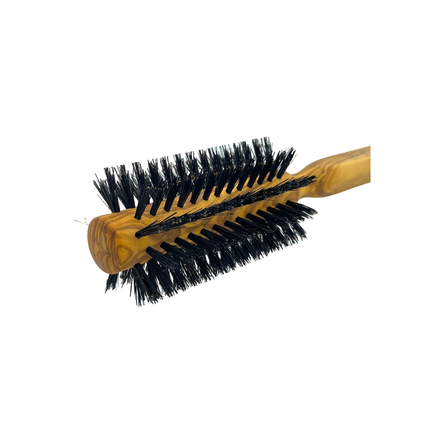 Dural Olive wood round hair brush with boar bristles from Pasteur Pharmacy, featuring 10 rows for smooth styling and detangling.