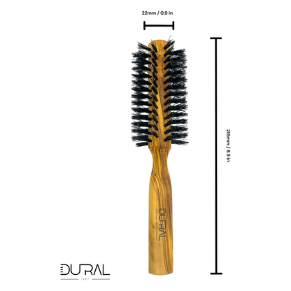 Dural Olive wood round hair brush with boar bristles, 10 rows, by Pasteur Pharmacy, designed for gentle, natural hair styling.