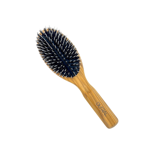 Dural olive wood rubber cushion hair brush with boar bristles and nylon from Pasteur Pharmacy, designed for gentle hair detangling.