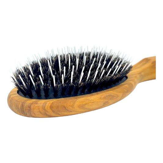 Dural olive wood Pasteur Pharmacy hair brush with rubber cushion, boar bristles, and nylon tips for gentle styling.