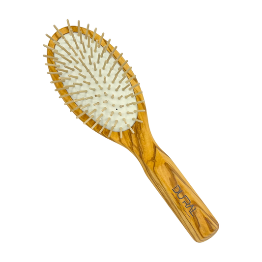 Dural olive wood rubber cushion hair brush with wooden pins, natural wooden handle and ergonomic design for gentle detangling.