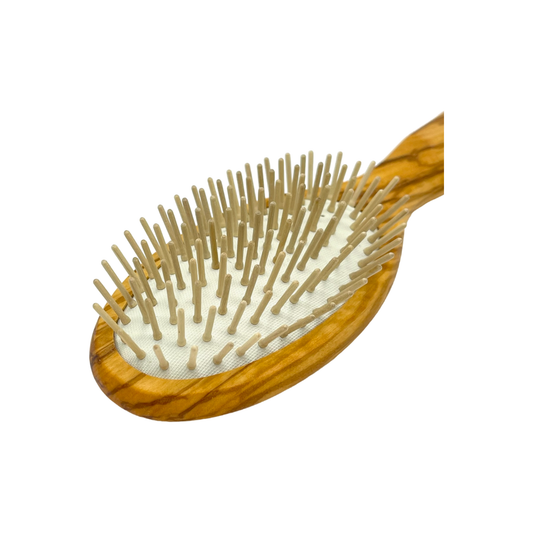 Dural olive wood rubber cushion hair brush with wooden pins, natural wooden handle and bristles for gentle detangling.
