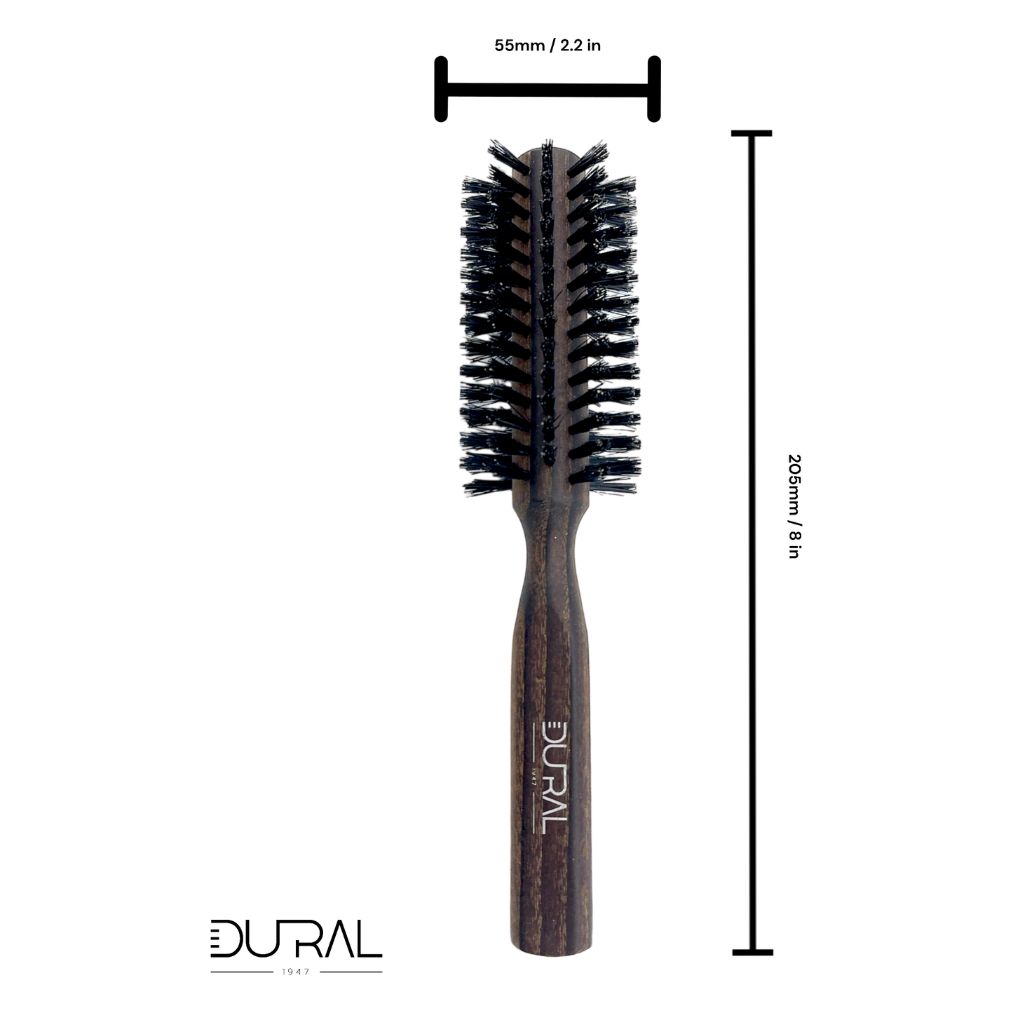 Dural Thermo Ash Wood 10-Row Round Hair Brush with Boar Bristles, natural wooden handle for styling and detangling hair.