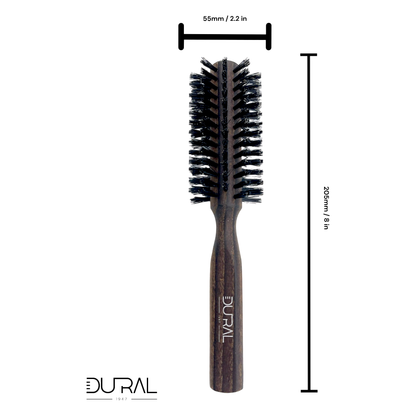 Dural Thermo Ash Wood 10-Row Round Hair Brush with Boar Bristles, natural wooden handle for styling and detangling hair.