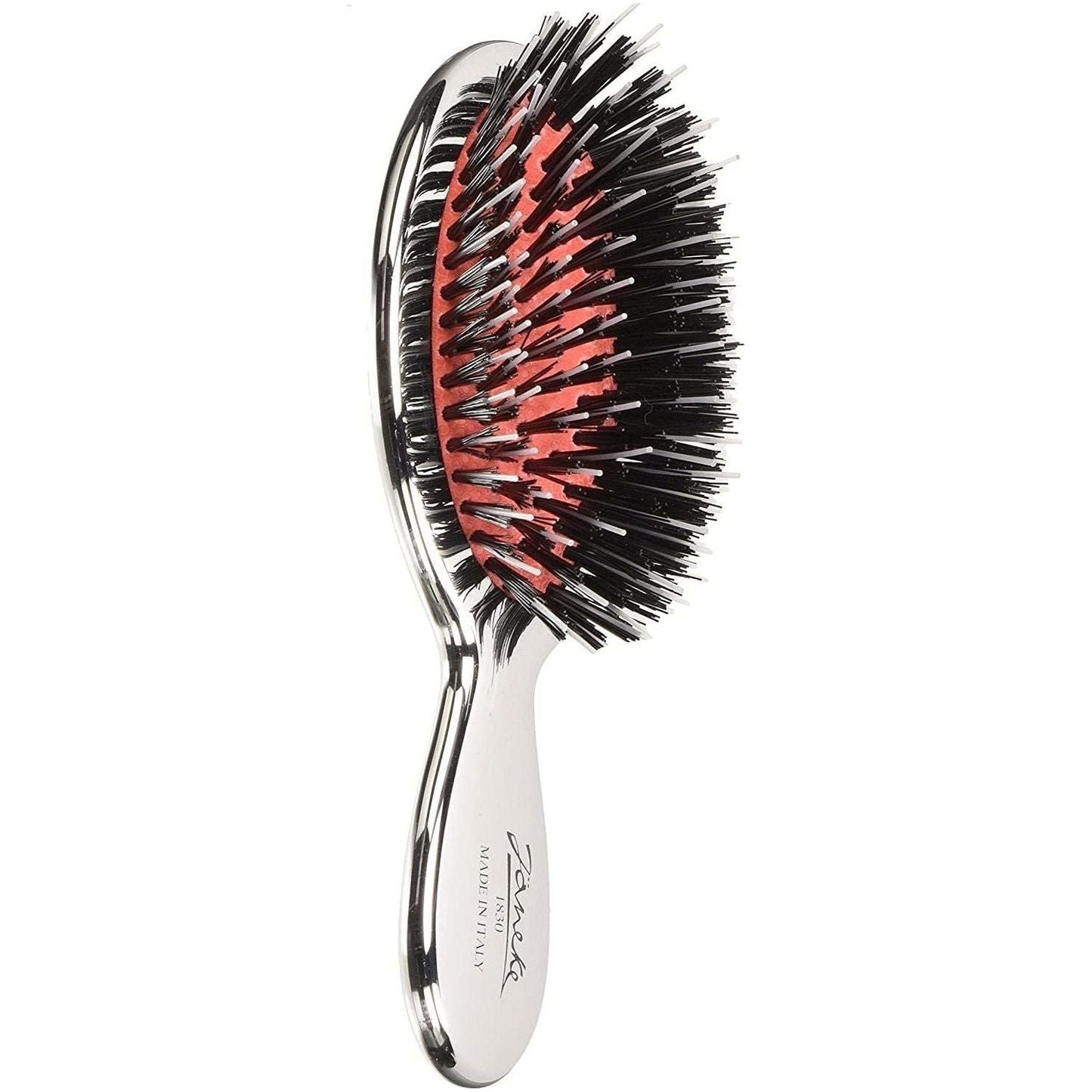 Janeke mini hair brush with chrome finish and mixed bristles, designed for gentle detangling and styling.