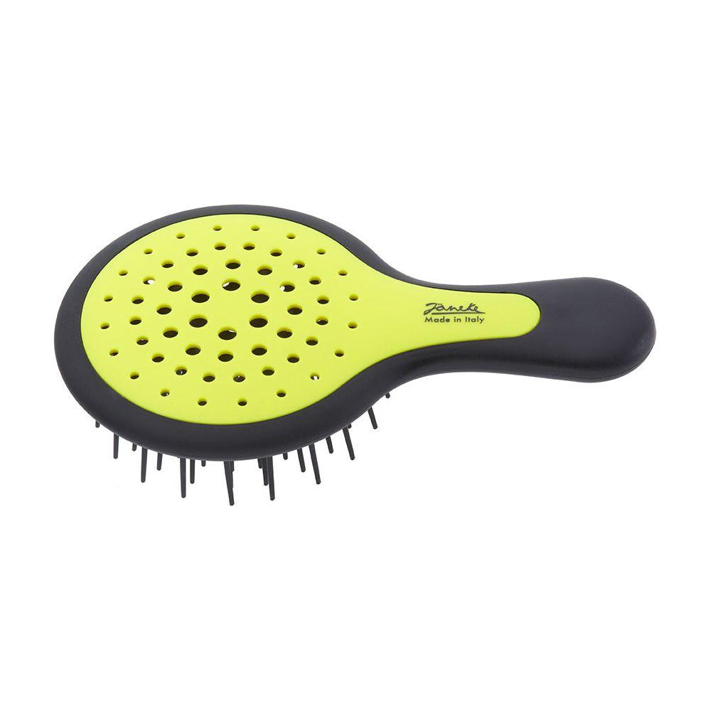 Janeke Mini SuperBrushh black and green bicolor hair brush with compact design and ergonomic handle.