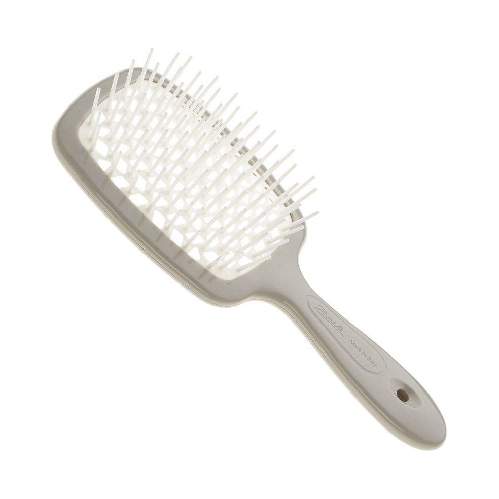 Janeke Superbrush grey and white hair brush, designed for smooth detangling and gentle styling, with ergonomic handle.