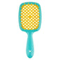 Janeke SuperBrush turquoise and yellow hair brush with ergonomic handle, designed for smooth detangling and styling.