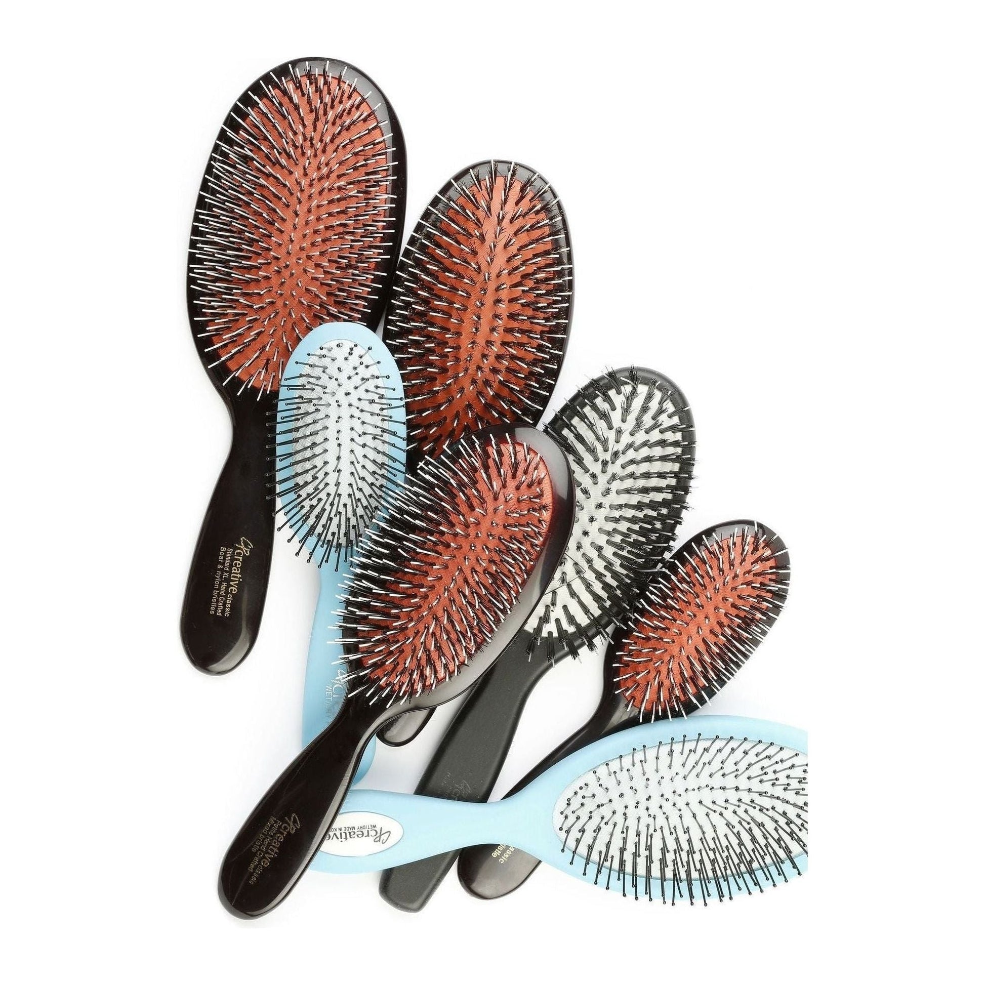 Pasteur Pharmacy paddle hair brush set with multiple brushes for detangling and styling hair, featuring black handles and soft bristles.