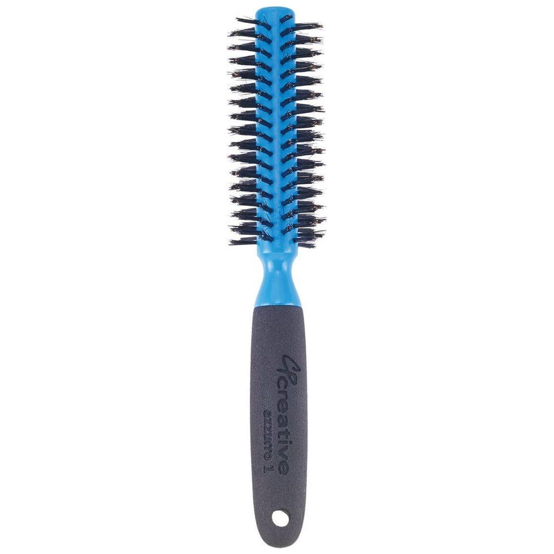 Azzurro Wood barrel round hair brush with boar bristles, natural wooden handle, designed for gentle styling and hair detangling.