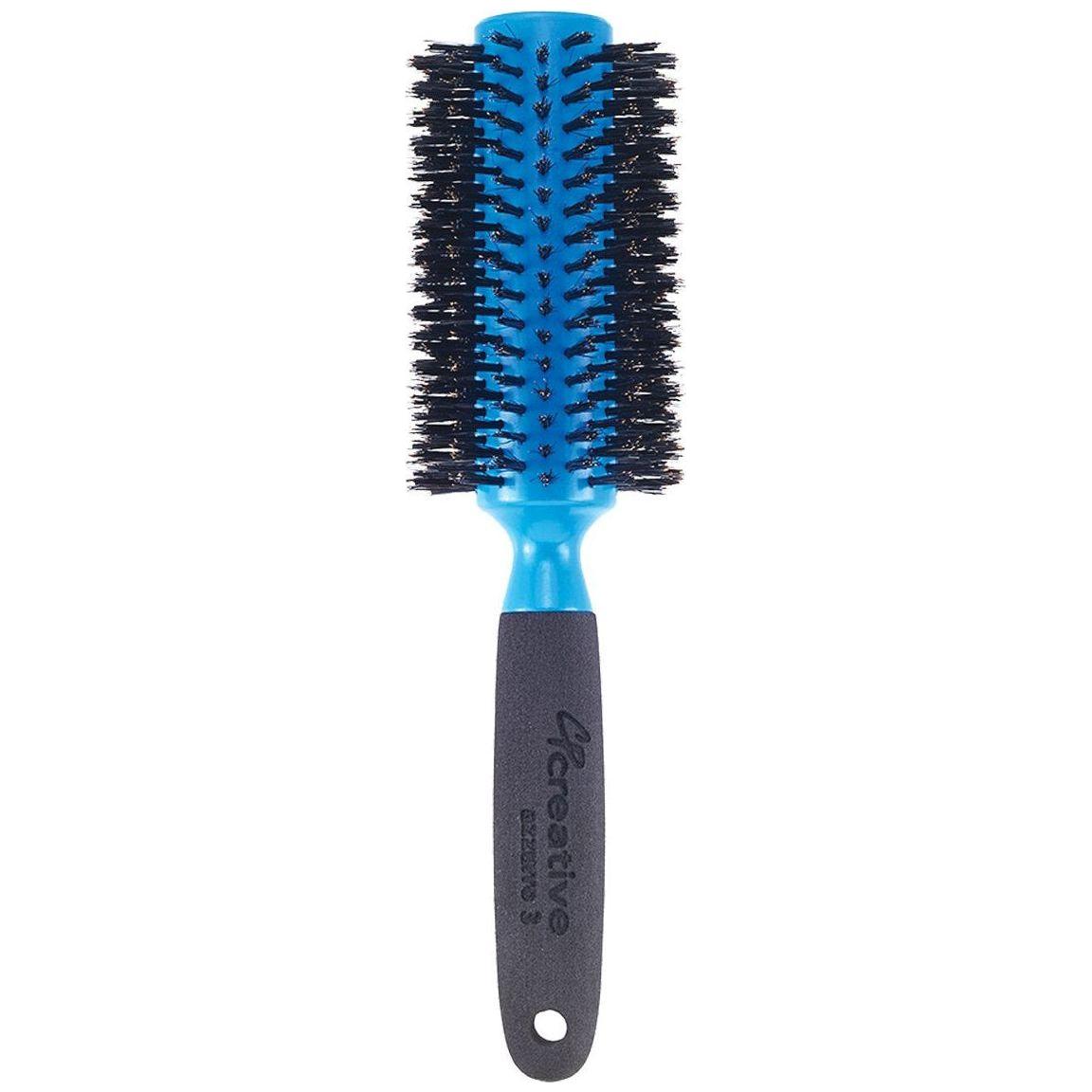 Azzurro Wood barrel round boar bristle hair brush with a wooden handle, designed for gentle detangling and styling.