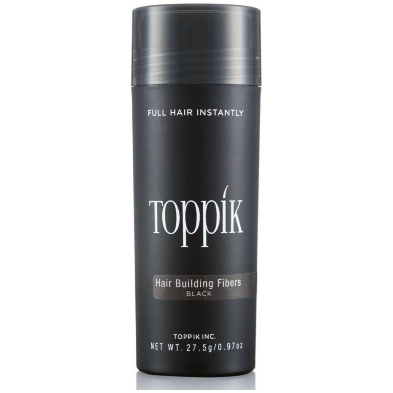 Black Toppik Hair Building Fibers in 27.5g jar, natural-looking hair thickening solution from Pasteur Pharmacy.