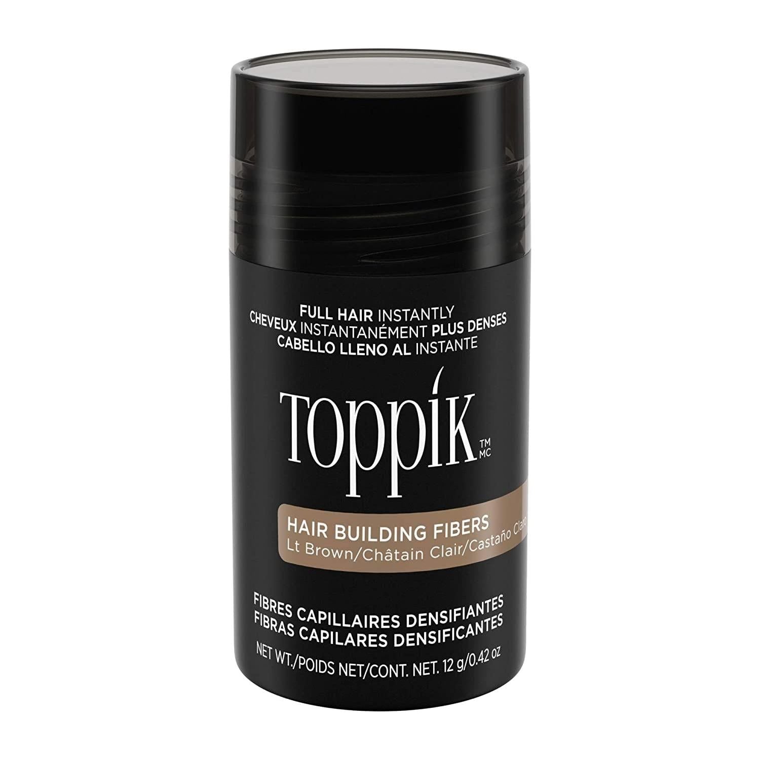 Light brown Toppik Hair Building Fibers by Pasteur Pharmacy, 0.11 oz, for thicker, fuller-looking hair.