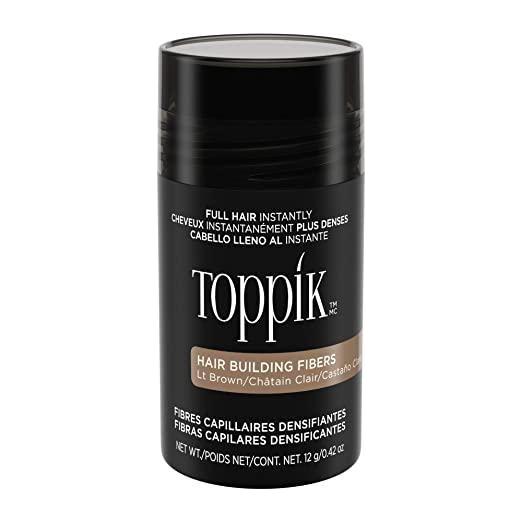 Light brown Toppik Hair Building Fibers in 0.42 oz jar, natural hair thickening solution for fuller-looking hair.