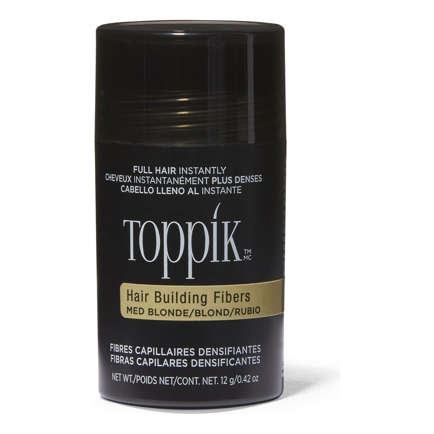 Medium blonde Toppik Hair Building Fibers by Pasteur Pharmacy, 0.42 oz, close-up of the product container and fibers.