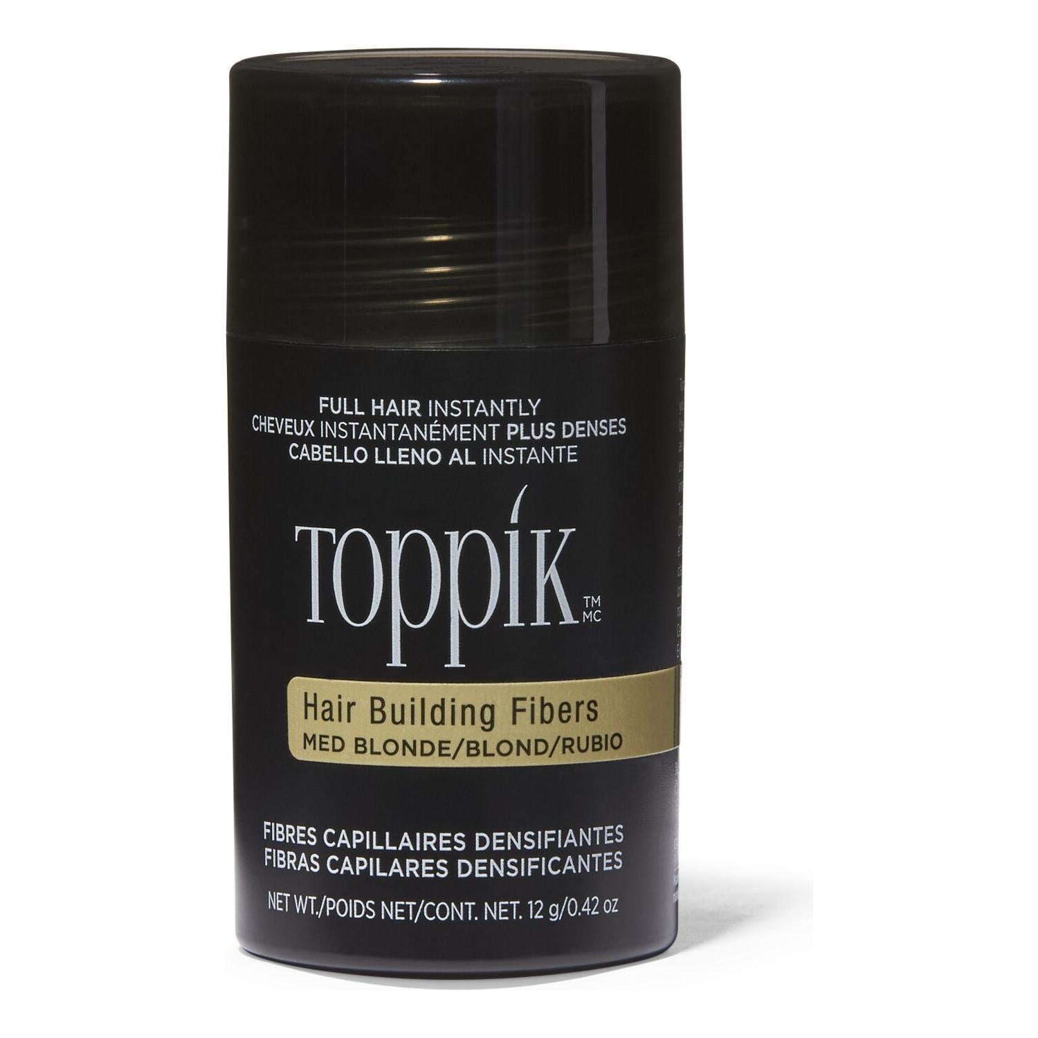 Medium blonde Toppik Hair Building Fibers by Pasteur Pharmacy, 0.42 oz, close-up of the product container and fibers.