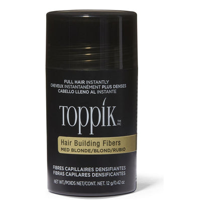 Medium blonde Toppik Hair Building Fibers by Pasteur Pharmacy, 0.42 oz, close-up of the product container and fibers.
