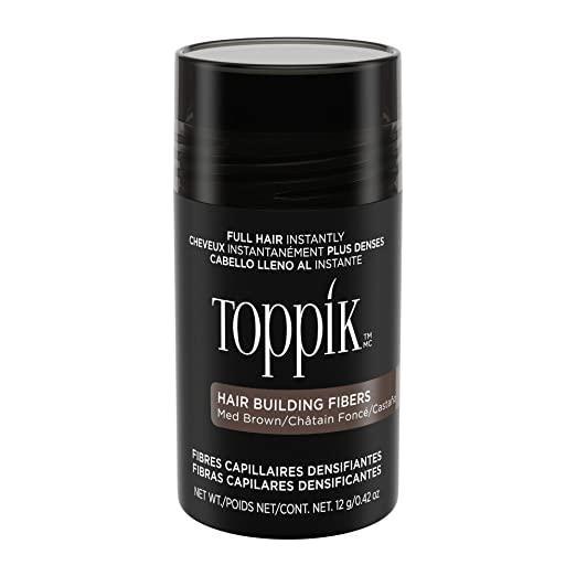 Medium brown Toppik Hair Building Fibers by Pasteur Pharmacy, 0.42 oz, for thicker-looking hair.