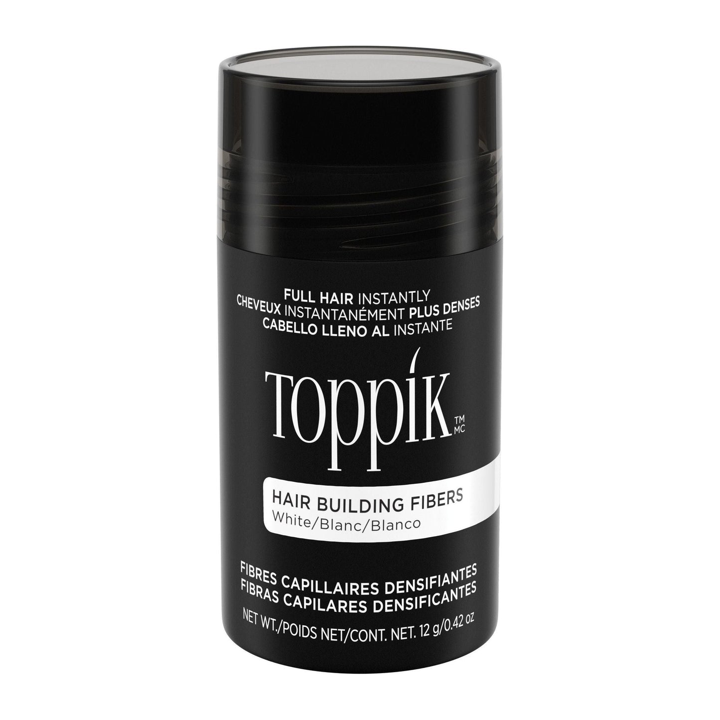 White Toppik Hair Building Fibers by Pasteur Pharmacy in 0.42 oz jar, designed to volumize and conceal thinning hair.