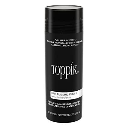 White Toppik Hair Building Fibers in 0.97 oz container, designed to thicken and conceal thinning hair for a natural look.
