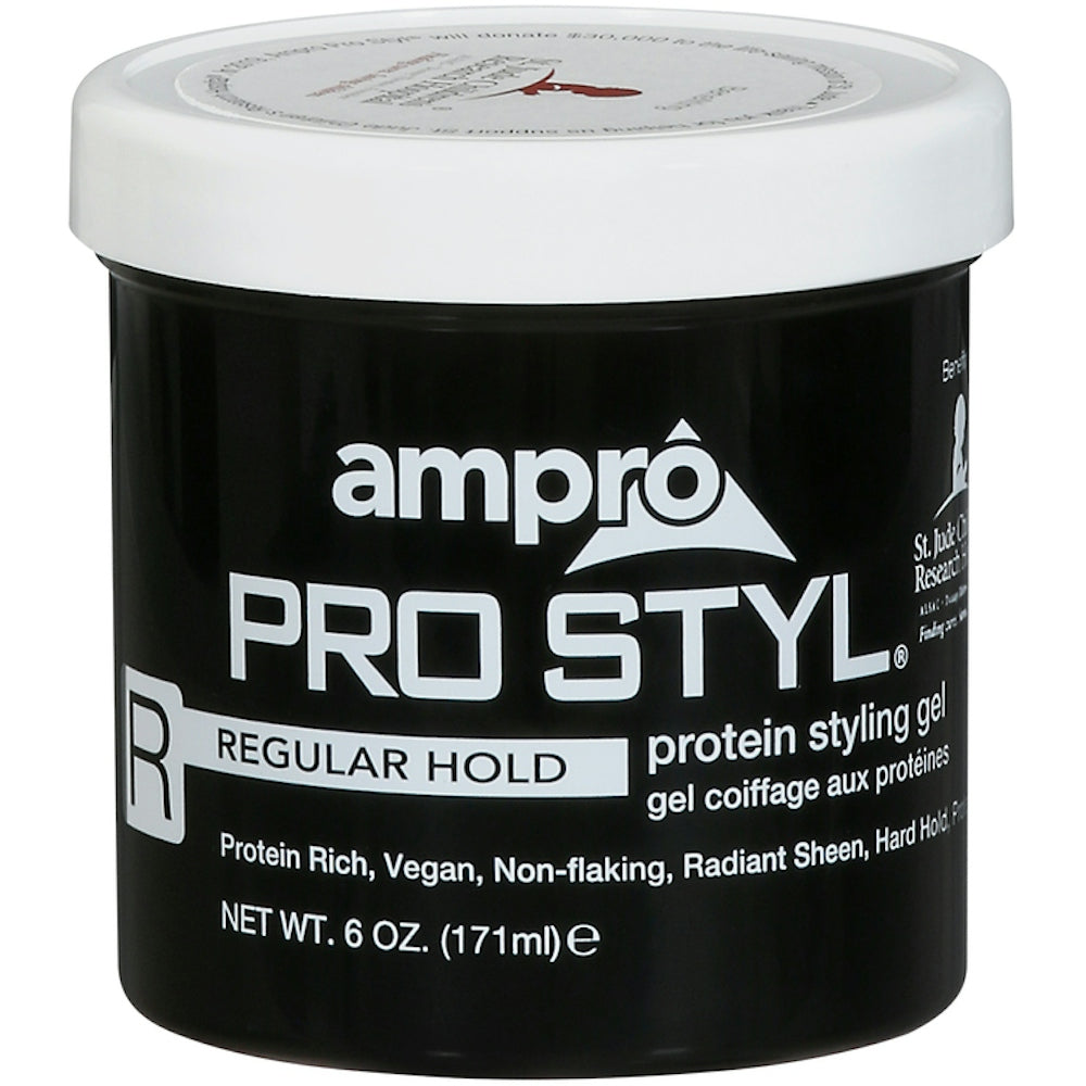 Ampro Pro Styl Protein Styling Gel 6 oz in a clear jar, alcohol-free with a firm hold for hair styling and control.