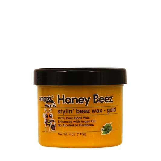 Ampro Styl Honey Beez Wax Gold 4oz jar of hair wax with golden label, ideal for styling and holding hair in place.