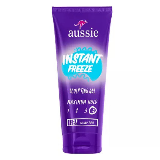 Aussie Instant Freeze Hair Gel in a 7oz container, hair care product with strong hold, displayed in a natural setting.