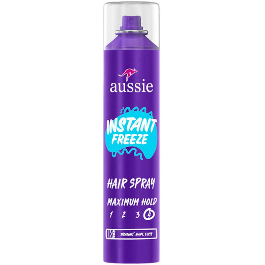 Aussie Instant Freeze Maximum Hold 4 Hair Spray in a 10 oz bottle, providing strong hold for styled hair.