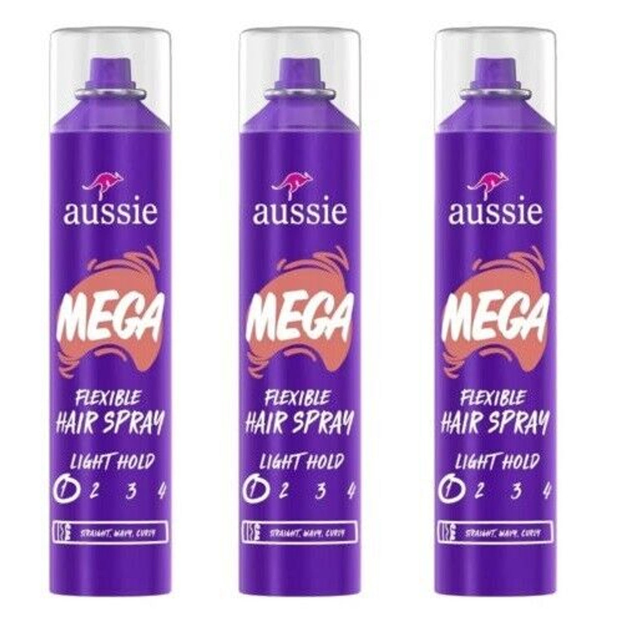 Aussie Mega Light Hold Flexible Hair Spray in 10 oz bottle, providing lightweight hold and control for all-day styled hair.