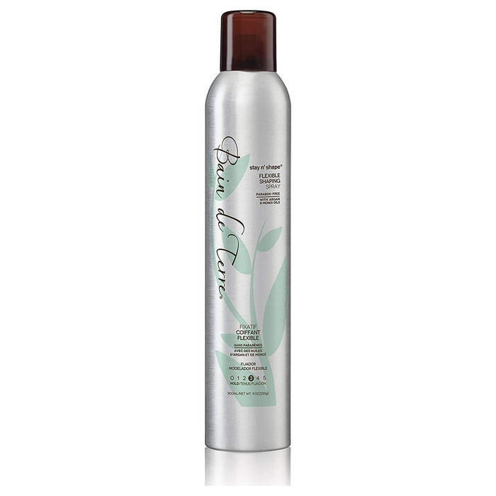 Bain de Terre Stay N’ Shape flexible shaping spray in 9 oz bottle, hair care product with lightweight hold and shine.
