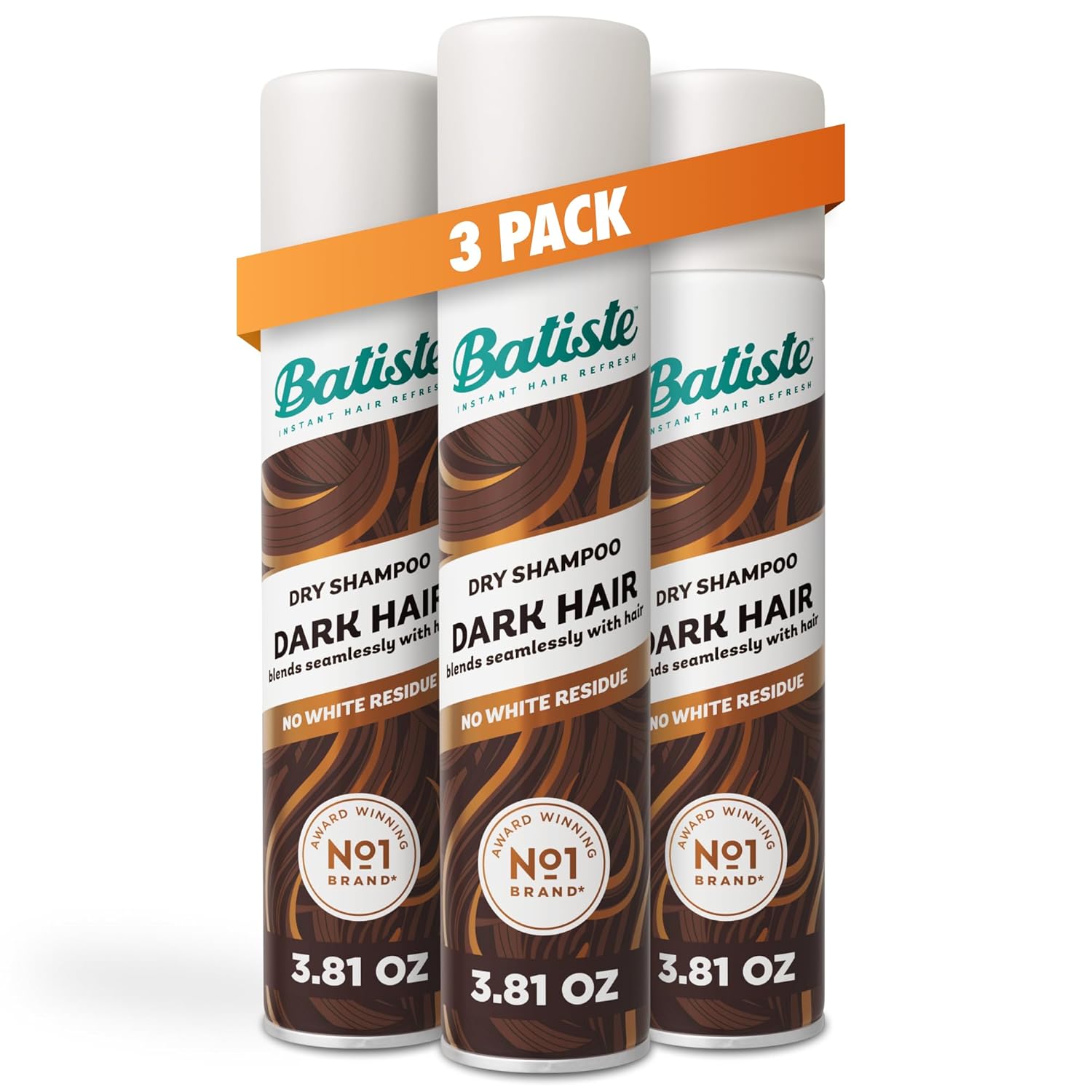 Batiste Dark Dry Shampoo waterless hair care spray, 3-pack, 3.81oz bottles, suitable for dark hair, by Pasteur Pharmacy.