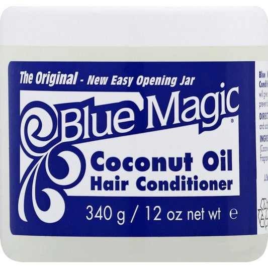 Blue Magic Coconut Oil Hair Conditioner in 12 oz bottle, showing the product label and packaging for moisture and shine.
